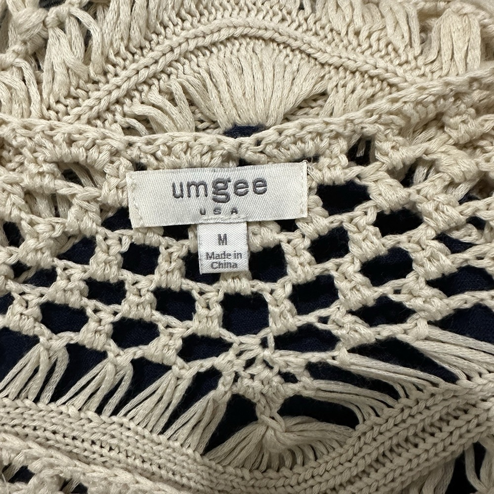 Umgee Crochet Fringe Tunic Top Boho Festival Beachy Cover Up Navy Cream Size Med - Picture 3 of 7